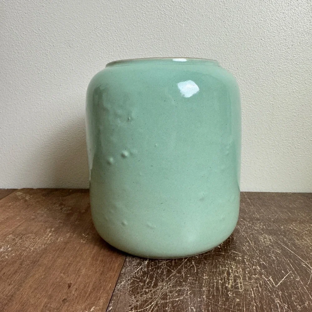 Vintage Mint Green Glazed Cookie Jar with Rabbit & Carrot NO LID farmhouse decor